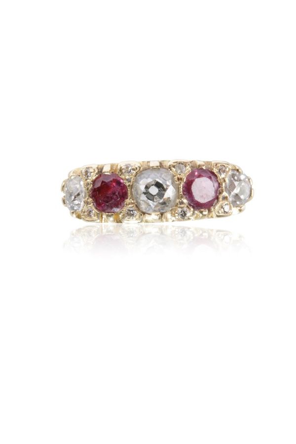 FIVE STONE DIAMOND AND RUBY RING