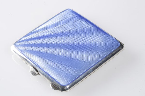 SILVER AND GUILLOCHE ENAMEL COMPACT, with double mirror interior, 6.8cm square.