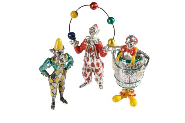 GENE MOORE (1910 - 1998) FOR TIFFANY & CO: THREE STERLING SILVER AND ENAMEL CIRCUS FIGURES