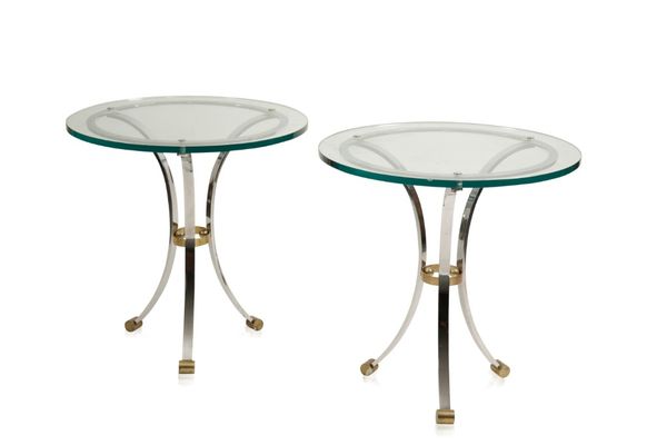 PAIR OF GLASS AND CHROME SIDE TABLES