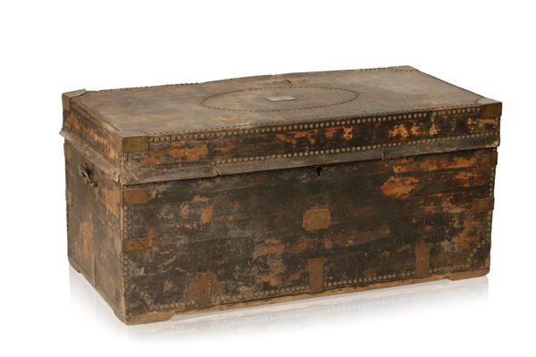 LARGE LEATHER COVERED AND BRASS BOUND TRUNK