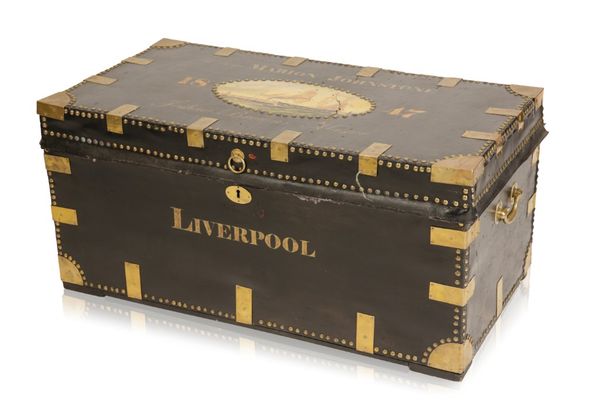 LEATHER COVERED AND BRASS BOUND SHIPPING TRUNK