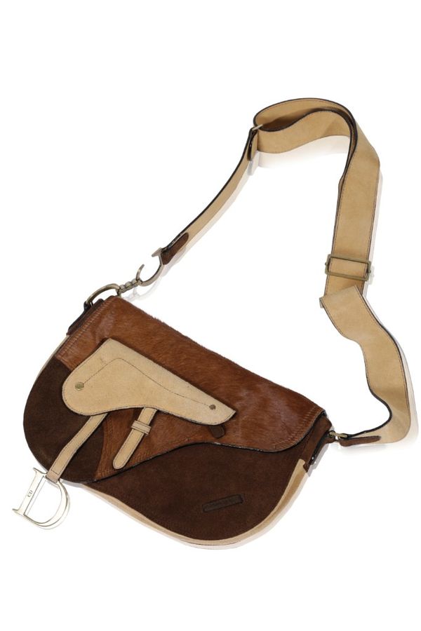 CHRISTIAN DIOR BROWN AND TAN SUEDE LEATHER 'SADDLE' STYLE SHOULDER BAG