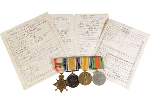 1914 STAR & BAR TRIO AND DEFENCE MEDAL to 29199 Gnr. W. Barratt