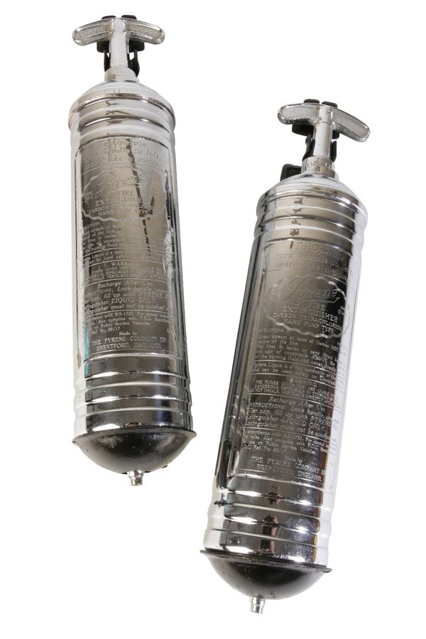 PAIR OF VINTAGE CHROME PLATED FIRE EXTINGUISHERS