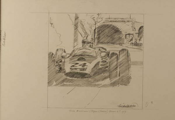 •NICHOLAS WATTS (b. 1947) Racing car scene of Jack Branham (in Cooper Climax) Monaco Grand Prix 1959