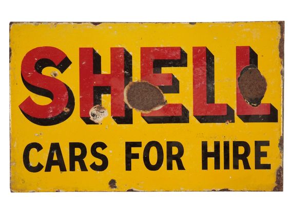 VINTAGE SHELL "CARS FOR HIRE" ENAMEL DOUBLE-SIDED SIGN