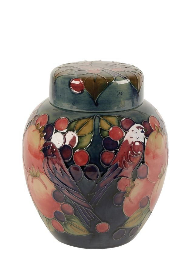 MOORCROFT: A "BLUE FINCHES" GINGER JAR AND COVER