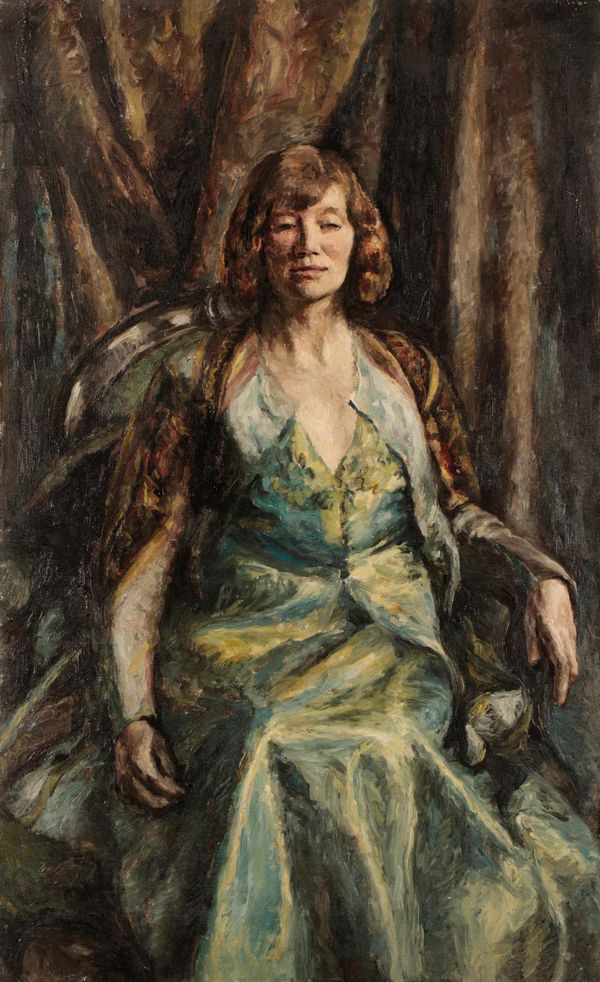 •PETER MORRIS (20th century) A three quarter length portrait of a lady seated in an armchair