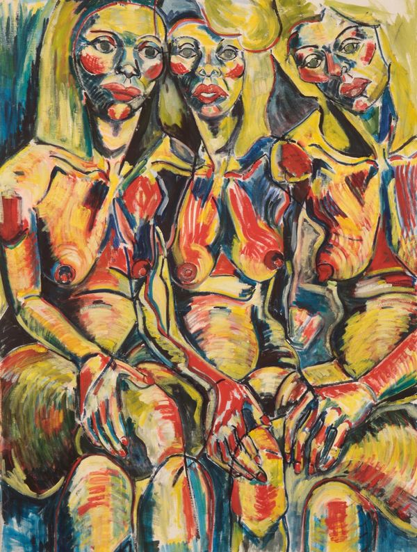 •MANNER OF JOHN BRATBY (1928-1992) A study of three nude women seated together