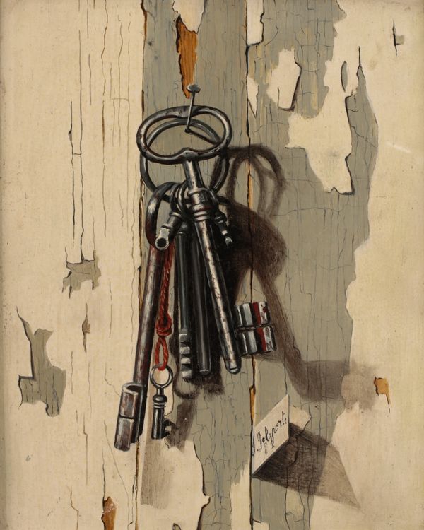 •JANINE DELAPORTE (French, 1928-2013) Trompe-l'œil style study of keys hanging from a nail