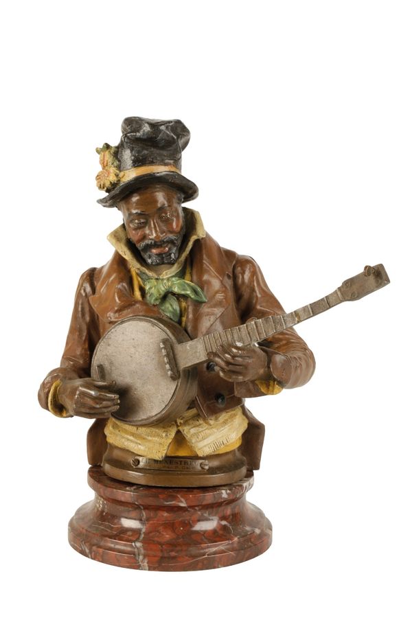 AFTER PIETRO CALVI (1833-1884): A COLD PAINTED SPELTER SCULPTURE " LE MENESTREL"