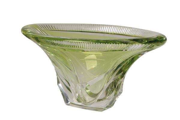 VAL ST LAMBERT: A GREEN TINTED CUT GLASS VASE
