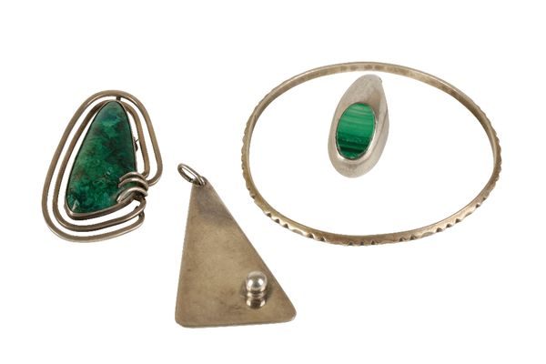 POST-WAR SILVER AND MALACHITE BROOCH