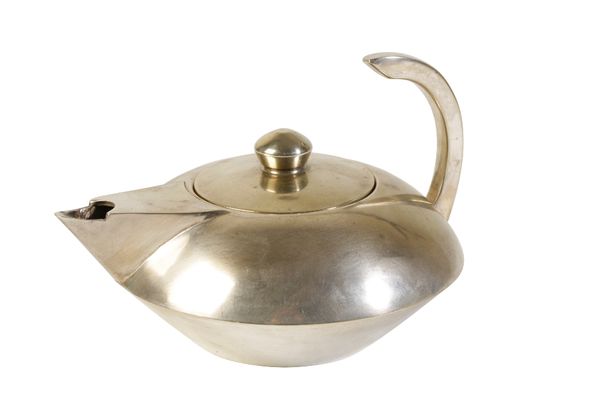 IN THE MANNER OF THE BAUHAUS SCHOOL, A SILVER PLATED TEAPOT