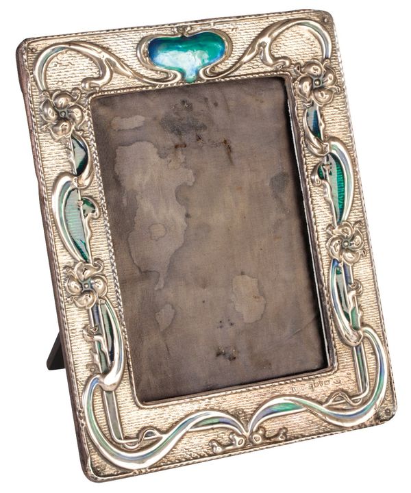 •ART NOUVEAU SILVER AND ENAMEL PHOTOGRAPH FRAME