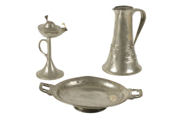 ARCHIBALD KNOX FOR LIBERTY & CO: A "TUDRIC" PEWTER HOT WATER JUG