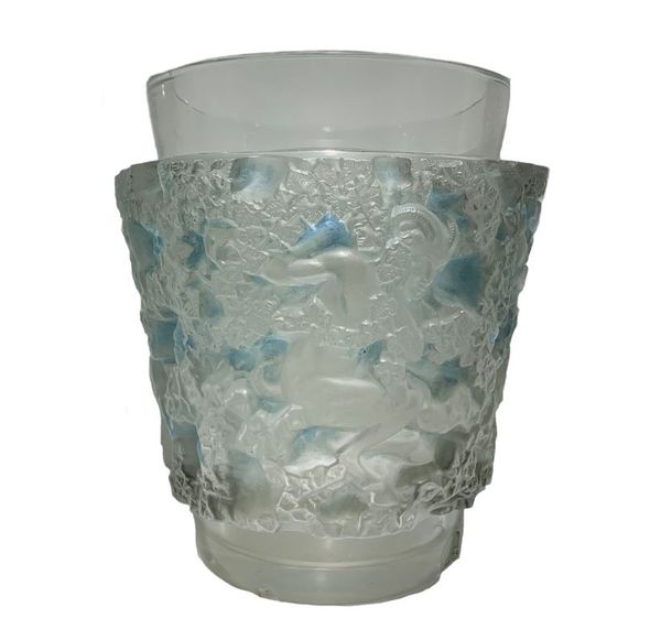RENE LALIQUE: A "BACCHUS" BLUE STAINED FROSTED GLASS VASE