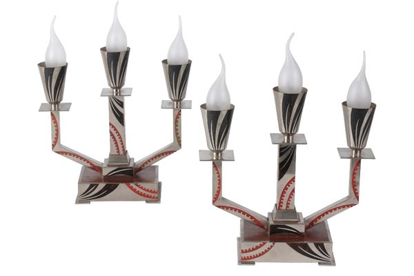 •M. OFFNER: A PAIR OF ART DECO CHROME PLATED CANDELABRA LAMPS
