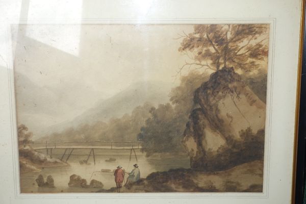 ENGLISH SCHOOL, 19th century Figures fishing beside a bridge