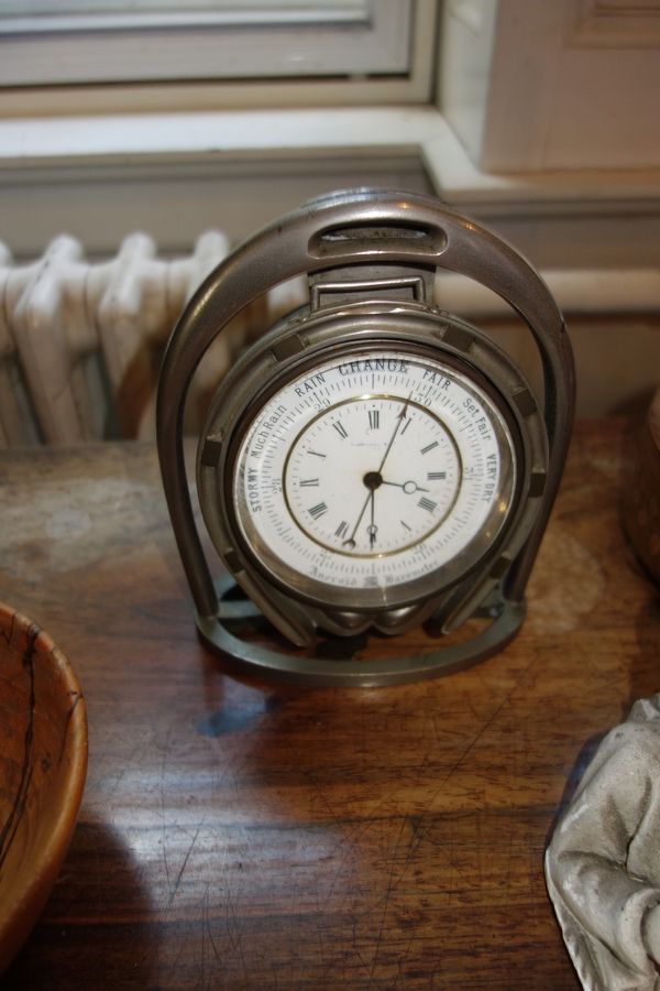 A THORNHILL & CO. LONDON "HORSE STIRRUP" ANEROID CLOCK/BAROMETER