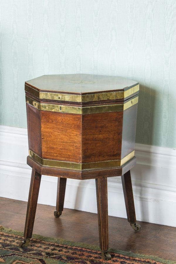 A GEORGE III OCTAGONAL MAHOGANY AND BRASS BOUND WINE COOLER