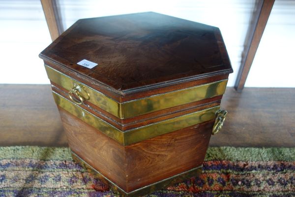 A GEORGE III MAHOGANY AND BRASS BOUND HEXAGONAL WINE COOLER