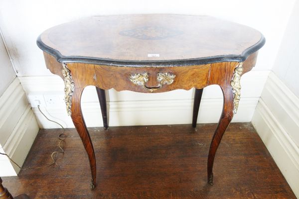 A LOUIS XV STYLE BURR WALNUT AND MARQUETRY CENTRE TABLE