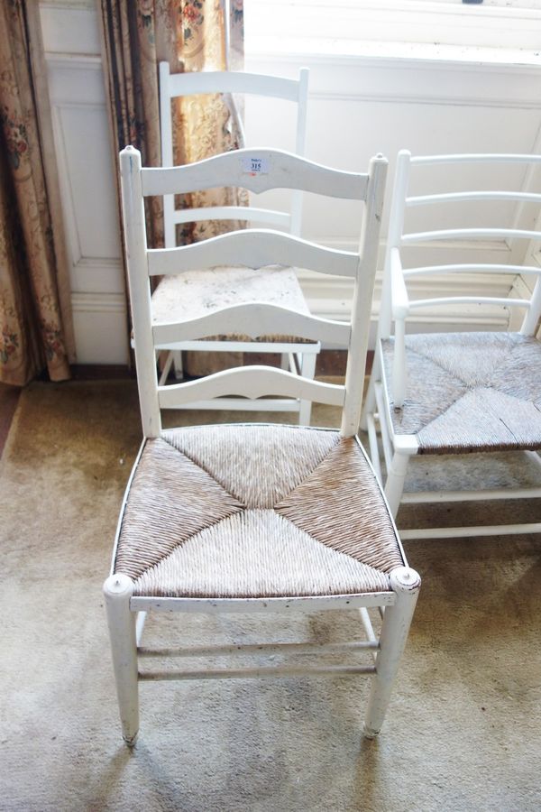 A COMPOSITE SET OF FIVE WHITE PAINTED LADDER BACK AND SIMILAR DINING CHAIRS