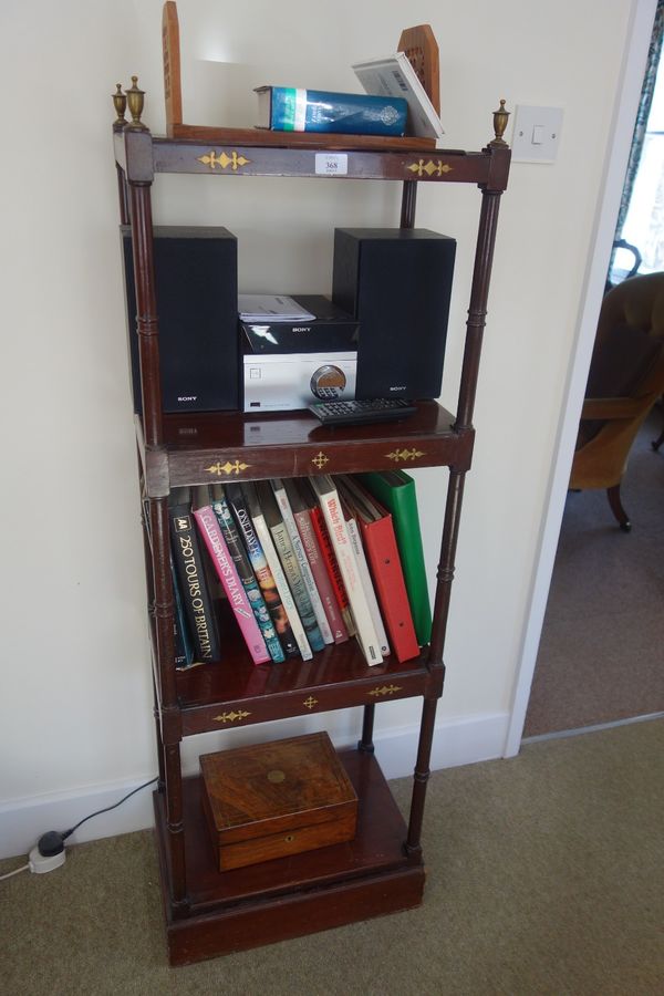 A REGENCY STYLE MAHOGANY AND BRASS INLAID WHATNOT