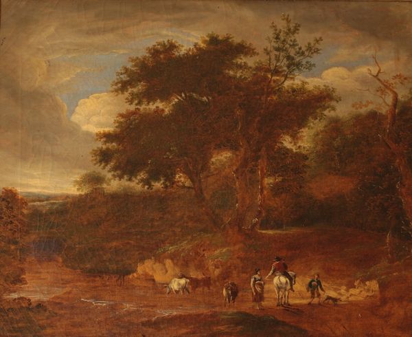 MANNER OF NICOLAES BERCHEM (1620-1683) A wooded landscape with travellers on a track
