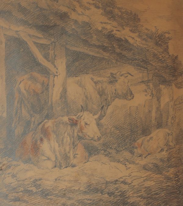 GEORGE MORLAND (1763-1804) Two cows and a pig in a byre