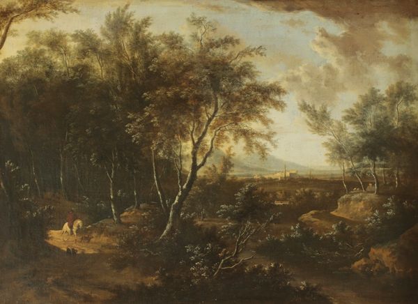 ATTRIBUTED TO JAN VAN DER MEER (1656-1705) A wooded landscape with a horseman and two dogs