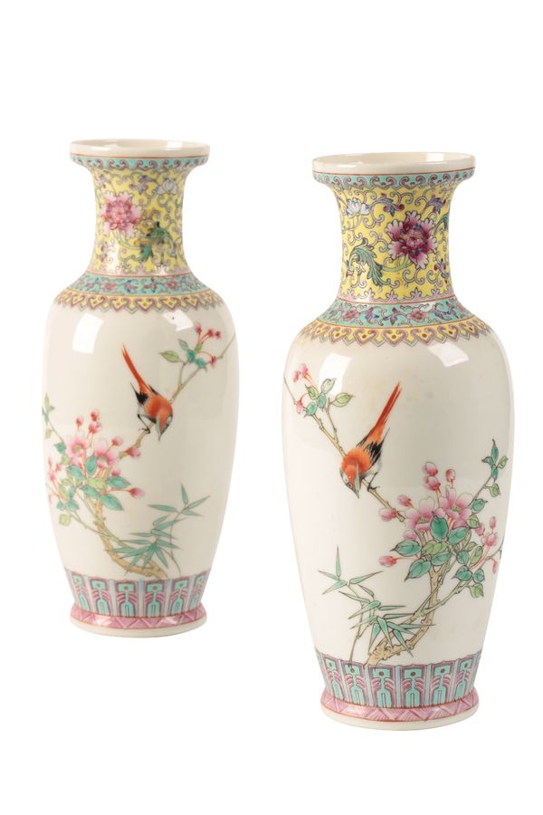 A PAIR OF FAMILLE ROSE BALUSTER VASES