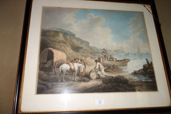 ENGLISH SCHOOL, 19th century A study of men, possibly smugglers, unloading their boat on the shore