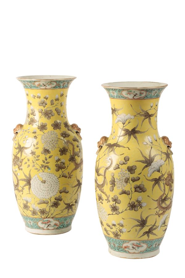 A PAIR OF FAMILLE ROSE YELLOW GROUND "DRAGON" VASES 