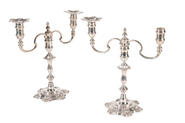 PAIR OF SILVER TWO-LIGHT CANDELABRA, by J.B Chatterly & Sons, Birmingham, 1963