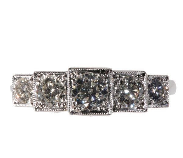 ART DECO STYLE FIVE STONE DIAMOND AND PLATINUM RING