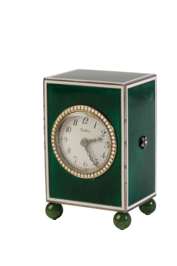 CARTIER A FRENCH GUILLOCHE ENAMEL MINIATURE CARRIAGE CLOCK