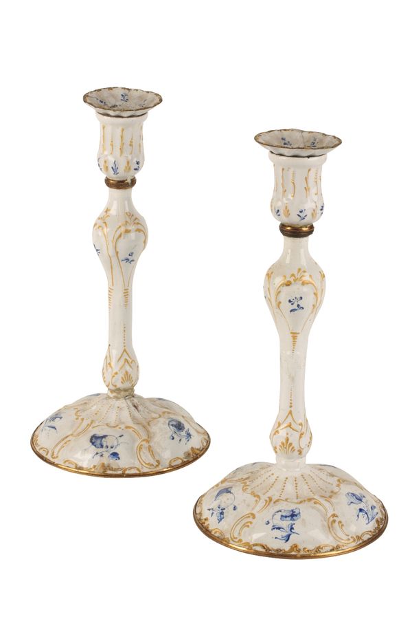 PAIR OF GEORGE III ENAMEL CANDLESTICKS