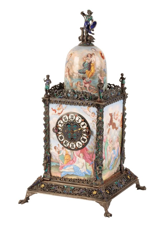 AUSTRIAN SILVER AND ENAMEL DESK CLOCK