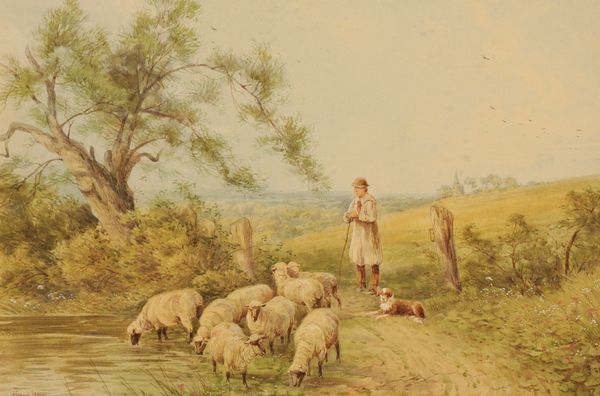 HORACE LESLIE A shepherd and his flock on a country path beside a pond