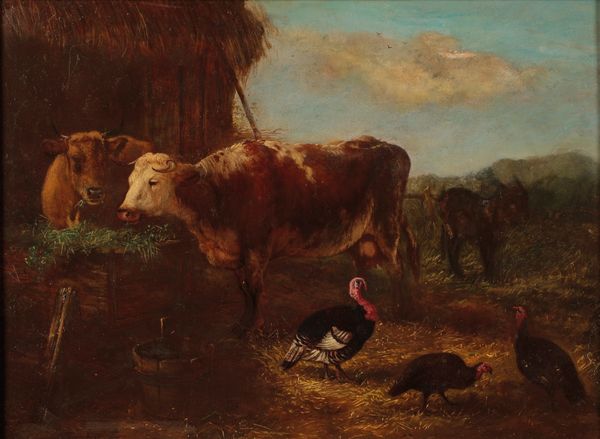 HENRY CHARLES BRYANT (1835-1915) A Farmyard scene with cattle, turkeys and a donkey