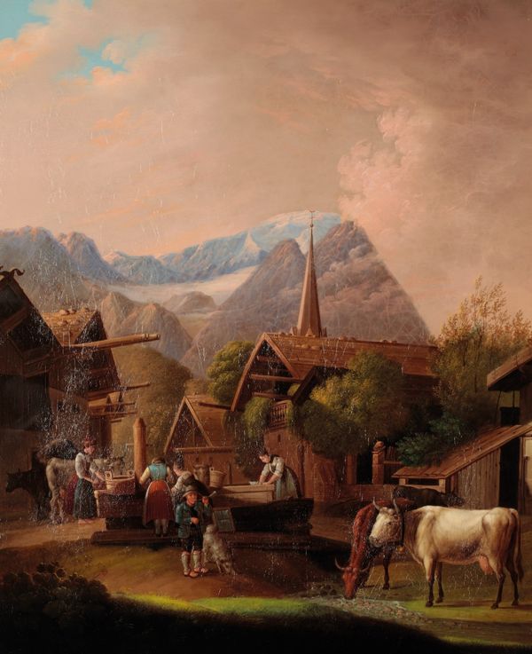 CONTINENTAL SCHOOL An Alpine scene with figures and animals gathered around the town pump