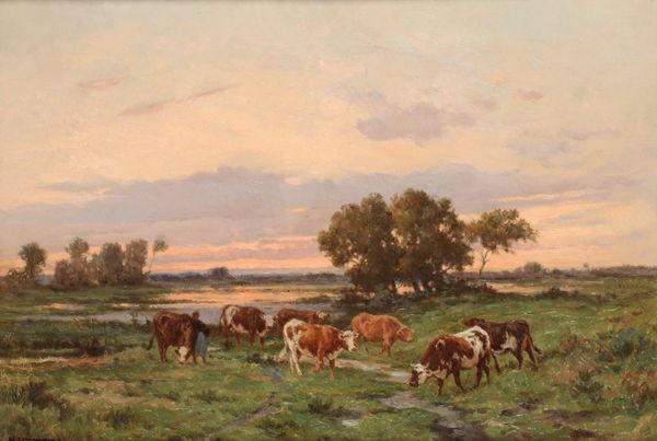 •EDOUARD-MICHEL-FERDINAND HAMMAN (1854-1952) Cattle in a meadow with a drover