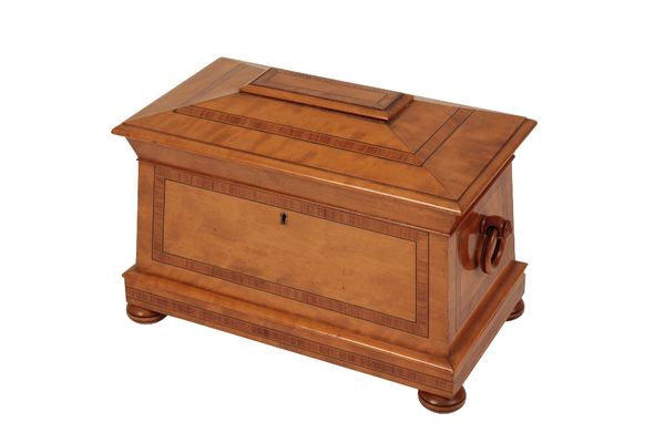 VICTORIAN SATINWOOD SARCOPHAGUS TEA CADDY