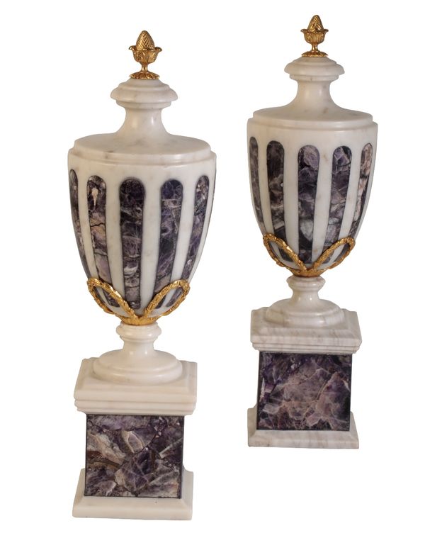 PAIR OF CONTINENTAL MARBLE AND 'BLUE JOHN' CASOLETTES