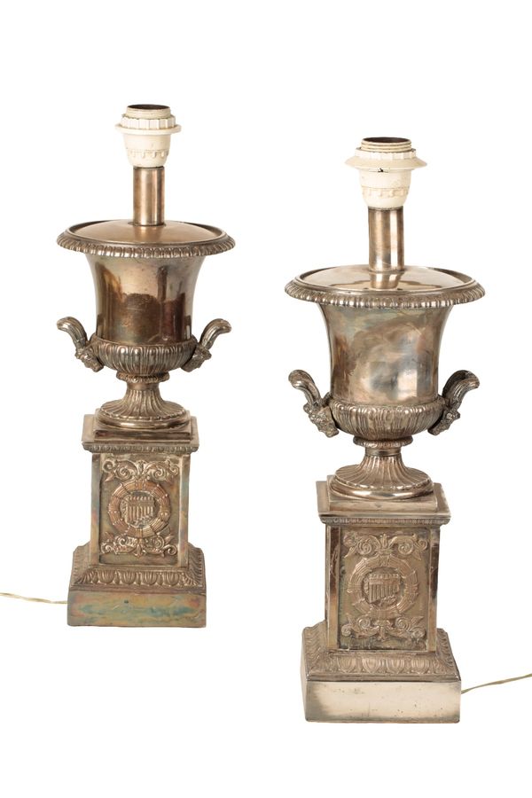 PAIR OF NEO CLASSICAL STYLE SILVERED BRONZE LAMPS