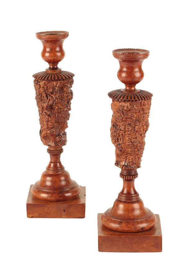 RARE PAIR OF GEORGE III YEW WOOD CANDLESTICKS