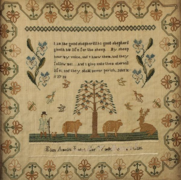 19TH CENTURY NEEDLEWORK SAMPLER "I am the good shepherd..." 